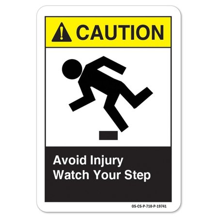 SIGNMISSION ANSI Caution Sign, Avoid Injury Watch Your Step, 14in X 10in Decal, 10" W, 14" L, Landscape OS-CS-D-1014-L-19741